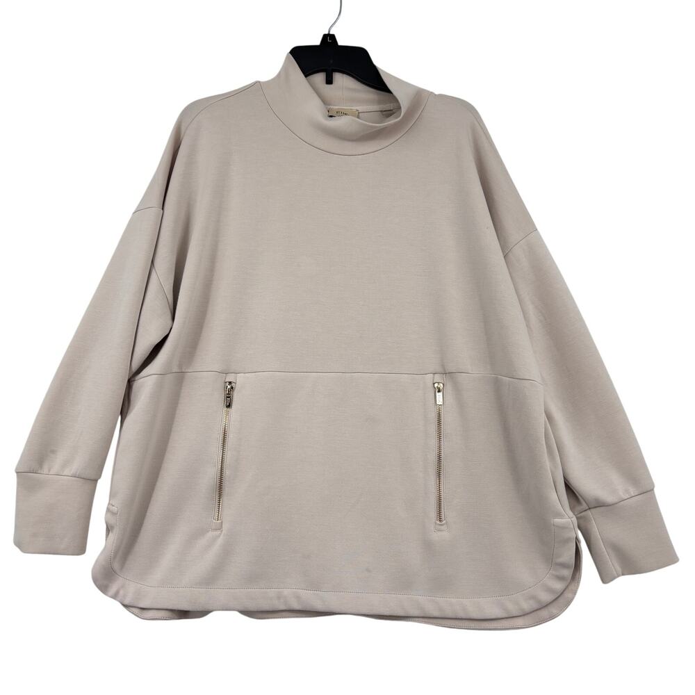 Elie Tahari‎ Sweatshirt Top Size 1X Beige Mock Neck Pullover Zip Pockets FLAW